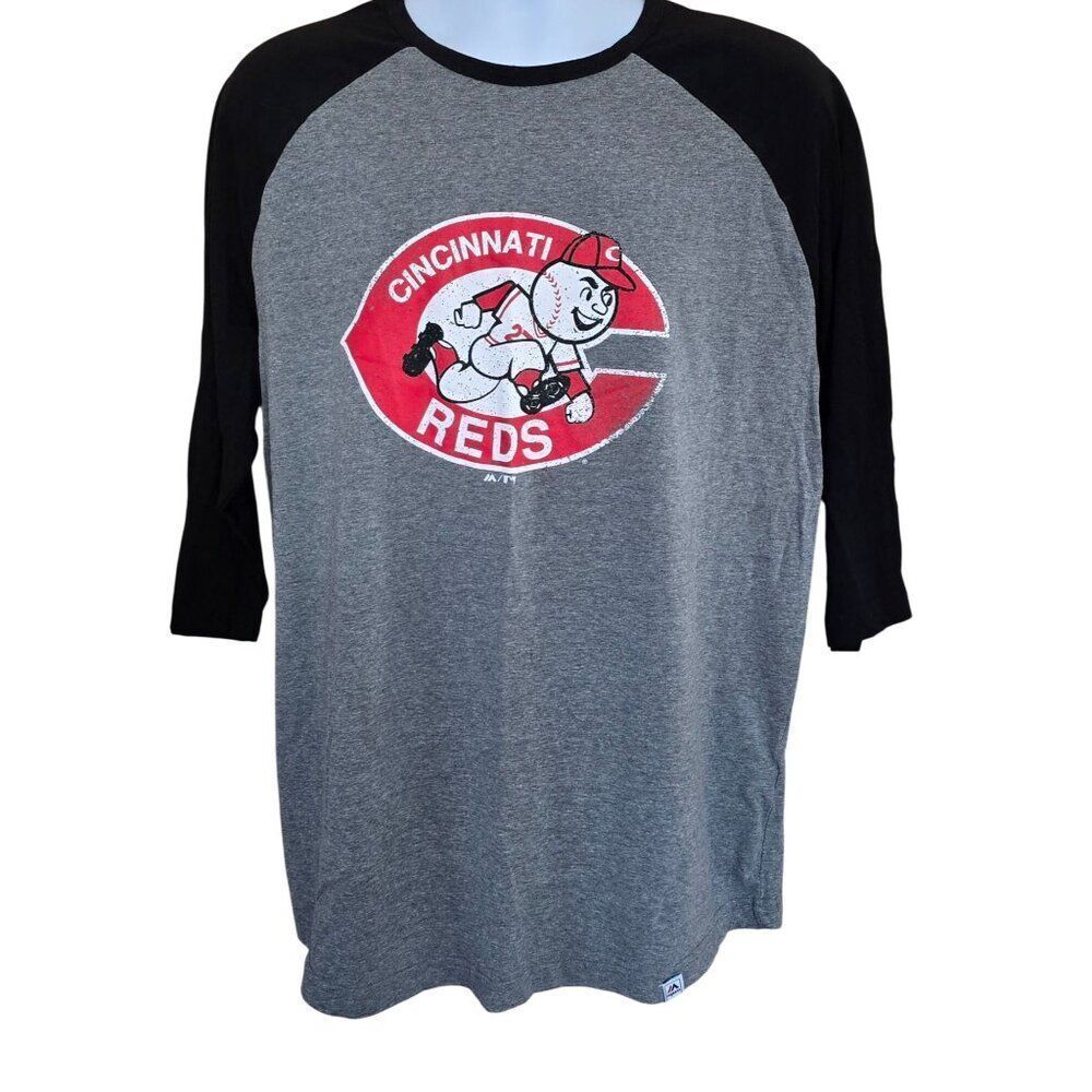 Cooperstown Grey & Black Cincinnati Reds Raglan Tee MLB baseball ballpark #1 fan